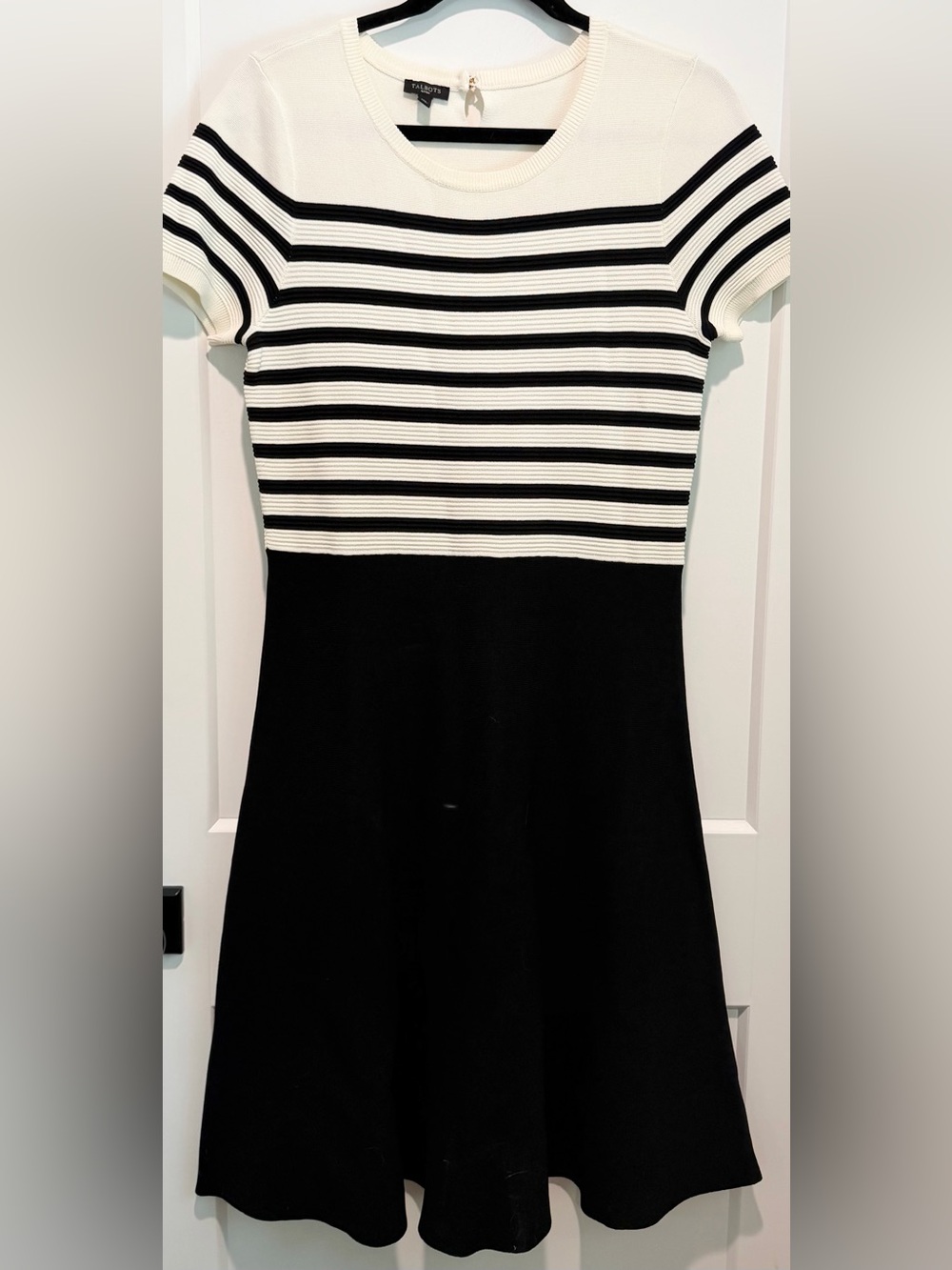 Talbots Petite Striped Sweater Dress Black Ivory Fit Flare MP Fall Preppy - Picture 3 of 9